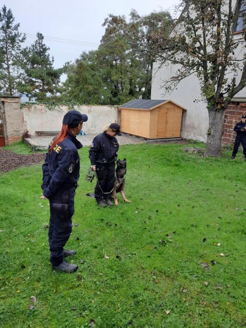Policie ČR - Žabičky. Na zahradě ukázka práce psovodů pro všechny třídy společně